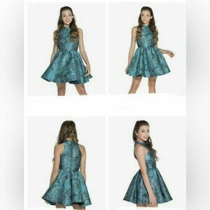 NWT MISS BEHAVE GIRLS Ruby Metallic Turquoise V Neck Fit & Flare Teal Dress Sz12